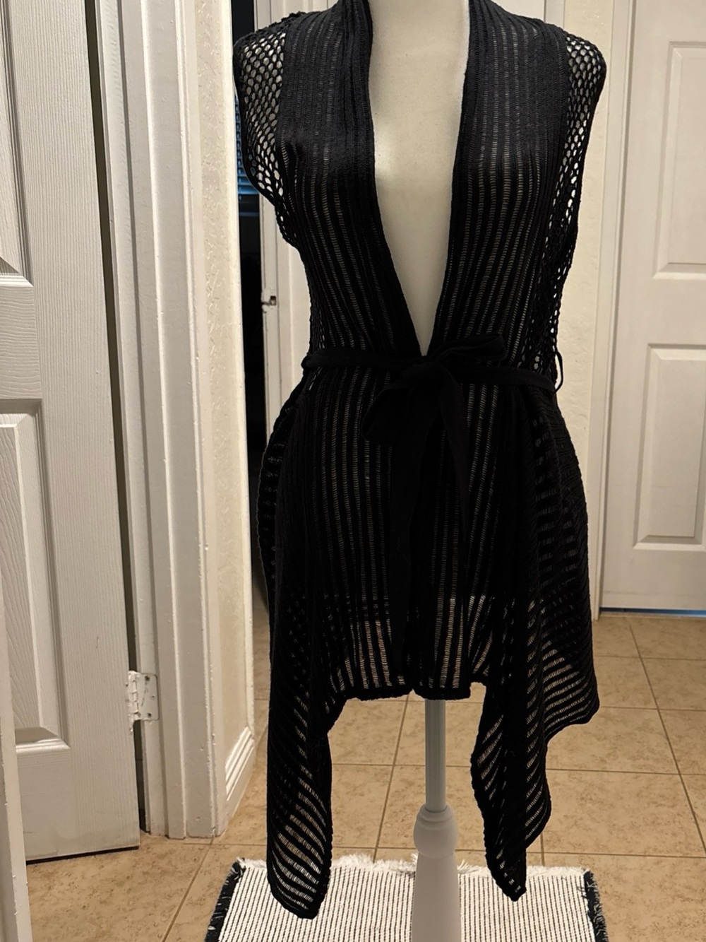 Vtg Y2K Mudd Black Open Front Mesh Crochet Cardigan Cover Up Belted Hem Goth XL